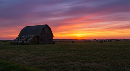 Serene Sunset Barn and Hay Bales Countryside Scene - A peaceful rural landscape, symbolizing tranquility, harvest, nature's beauty, rustic charm, and the end of a day