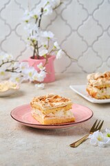 Norwegian dessert, sliced best cake with meringue, almonds and custard on a pink dessert plate on a light concrete background. Norwegian cuisine.
