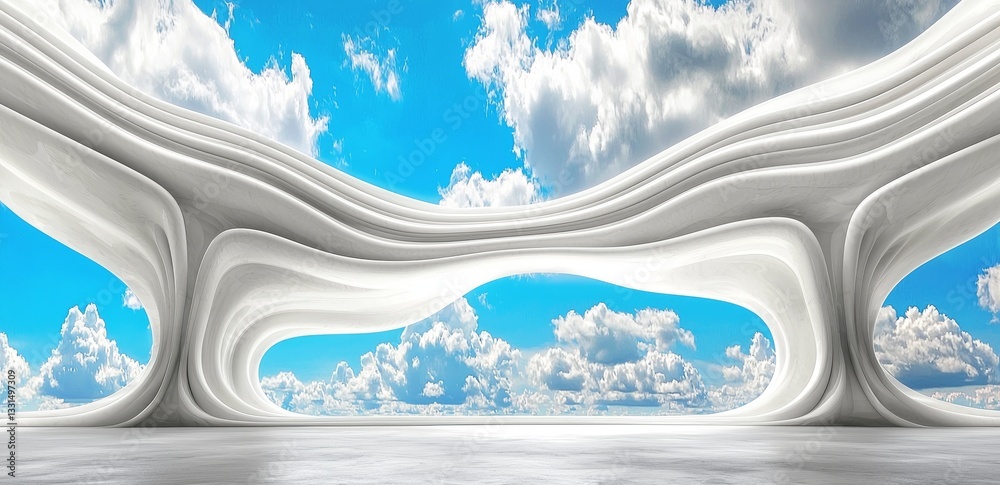 Poster the scene depicts an abstract background with curved white architecture set against a blue sky, pair