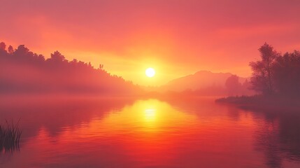 Fototapeta premium Lake Sunrise Tranquil morning mist by water. Serenity