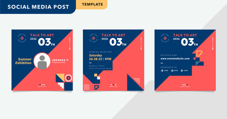 Editable social media template for art exhibition events. Perfect for Instagram and Facebook posts. Features a modern, creative layout and space for event details.