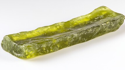 Close up view of a translucent, lime green, rectangular candy or jelly on a white background. The candy has an uneven, slightly rough texture.