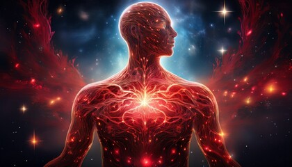 Surrealist concept of the human body as a blood-red galaxy, with glowing stars representing life and consciousness within the cosmic self.


