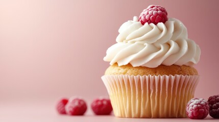 Single vanilla cupcake with white frosting and fresh raspberries, presented against a pale pink background. Soft lighting enhances the sweet treat.