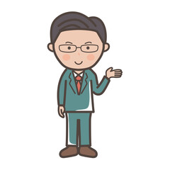 説明や案内をするイメージの中堅エリート風男性ビジネスマンの全身イラスト