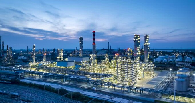 surrounding aerial time lapse of the petrochemical aromatics project of a large-scale refinery in nightfall