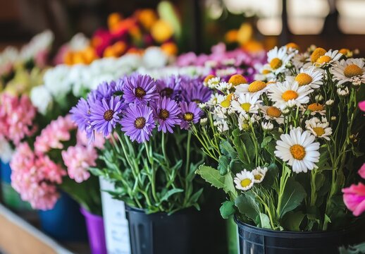 Vibrant Flower Arrangement in Colorful Buckets, Showcasing a Variety of Floral Types and Natural Beauty in a Bright Market Setting