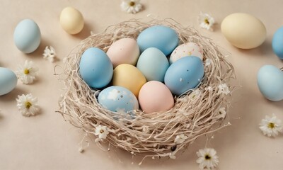 Obraz premium Colorful pastel eggs arranged in a nest surrounded by delicate flowers on a soft background
