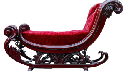 Elegant antique wooden chaise lounge with rich red upholstery displayed against a plain background