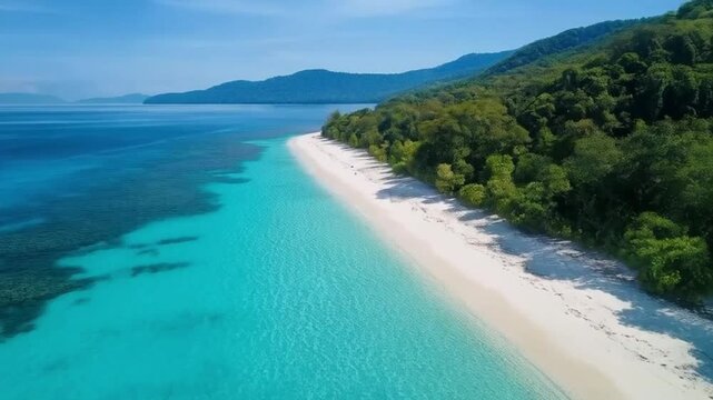 Aerial view of pristine beach with turquoise water and lush greenery, copy space
