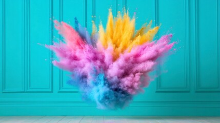 Obraz premium Vibrant explosion of pink, blue, and yellow powder against a teal background. The colorful cloud of dust floats in front of a teal paneled wall.