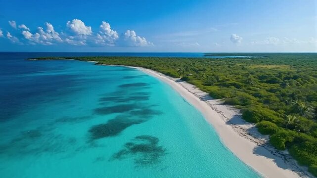 Aerial view of tropical beach with turquoise water and lush coastal vegetation, copy space