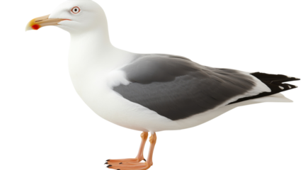 Seagull standing on a white background with gray and white feathers and distinct red eye