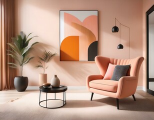 minimalist interior design of modern living room stylish modern room featuring a pink armchair abstract orange wall art and minimalist decor with natural light