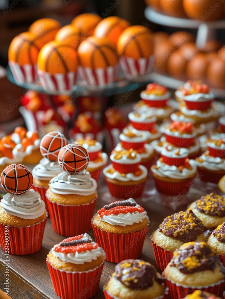 Poster a table filled with numerous cupcakes covered in frosting, perfect for parties or special occasions