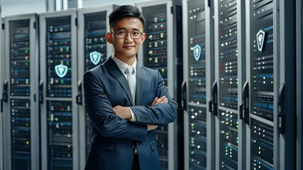 An IT professional poses in a modern server room, demonstrating technical skills and a commitment to data management and security