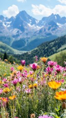 Fototapeta premium Vibrant wildflowers in pink, yellow, and orange hues bloom in a lush meadow, set against the backdrop of majestic, snow capped mountains under a bright, sunny sky. 