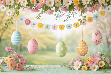 garland of flowers and colorful eggs on the background of bouquets. The concept of Easter