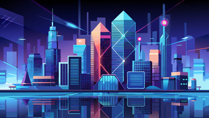 Fototapeta premium Futuristic Cityscape Network Connections, Glowing Skyline, and Reflections in the Water at Night