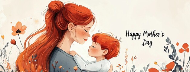 Tender illustration of a mother with her child, perfect for Mother's Day cards, gifts, and promotional materials celebrating motherhood and familial bonds.