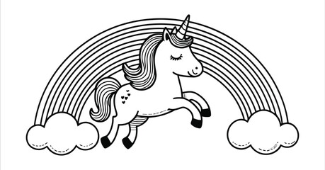 Fototapeta premium Cute unicorn flying over rainbow with clouds line art vector. Black and white unicorn with rainbow coloring book pages. Beautiful unicorn and rainbow in clouds black and white line art
