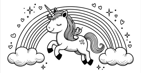 Cute unicorn flying over rainbow with clouds line art vector. Black and white unicorn with rainbow coloring book pages. Beautiful unicorn and rainbow in clouds black and white line art