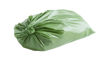 Green garbage bag filled with waste material at a residential location ready for disposal