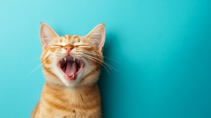 Obraz premium Laughing cat on plain blue background with copy space