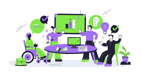 Diversity and inclusion in the workplace depicted with diverse team collaboration around a table. Playful style