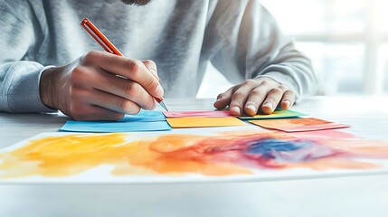 Artist sketching color palette for office.