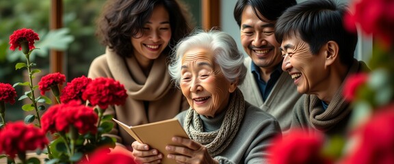 Fototapeta premium A group of people, including an older woman, are looking at a book. The woman is smiling and the others are laughing. The scene is set in a room with red flowers in the background