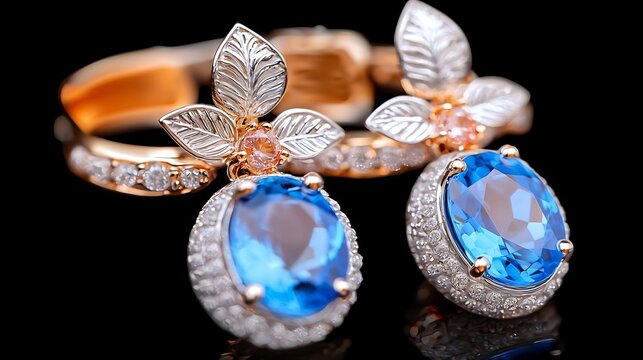 Elegant blue topaz and diamond earrings on black background.