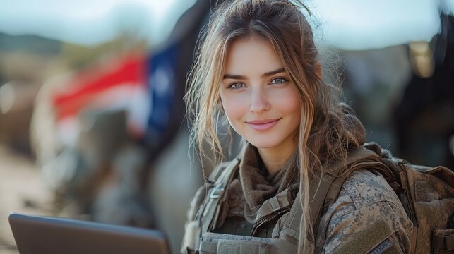A smiling female military service member in a camouflage uniform and cap sits at a desk, working on a computer.