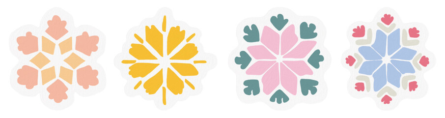 Obraz premium Four stylized floral designs with varying color palettes are arranged horizontally against a light gray background.