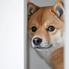 Cute shiba inu peeking out from behind the corner of the wall.