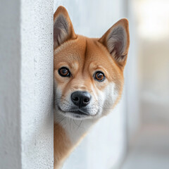 Cute shiba inu peeking out from behind the corner of the wall.