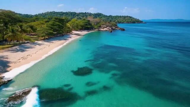 Aerial view of tropical beach with clear turquoise water and lush green coastline, copy space