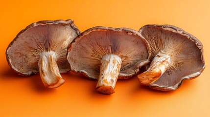 Fototapeta premium Savor the delightful appearance of mushrooms sliced generously, arranged artfully against a bright orange background, showcasing their earthy tones and texture