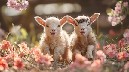 Two Adorable Baby Goats in Springtime Blossoms Smiling Happy Farm Animals
