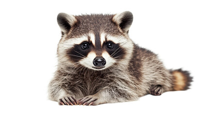 Obraz premium Curious raccoon resting on a soft surface, showcasing its distinct facial markings and bushy tail