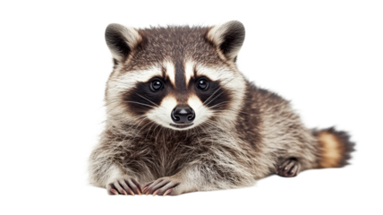 Curious raccoon resting on a soft surface, showcasing its distinct facial markings and bushy tail