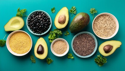 fresh avocados black beans and quinoa arranged on a teal background with cilantro garnish for healthy meal preparation