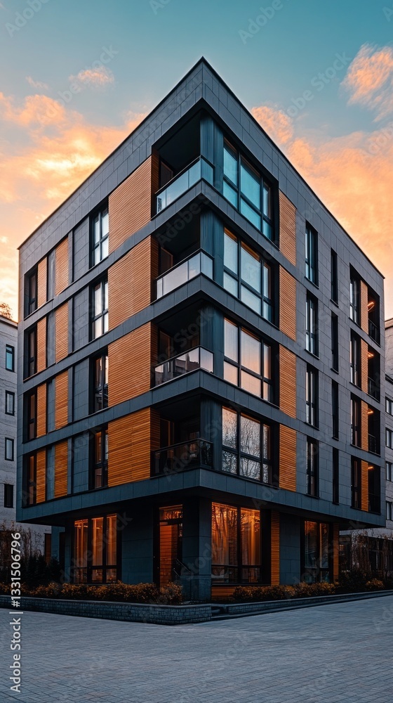 Poster featuring a striking new construction, this modern building stands out with its geometric lines and 
