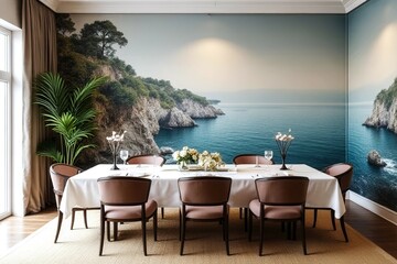 A large dining table is set with a white tablecloth and a vase of flowers. The table is surrounded by several chairs, and a potted plant is placed in the corner. The room has a serene