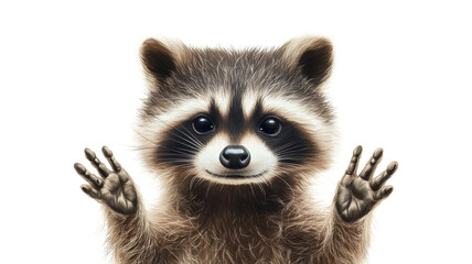 Fototapeta premium Cute raccoon with outstretched paws looking curiously towards the viewer in a bright setting