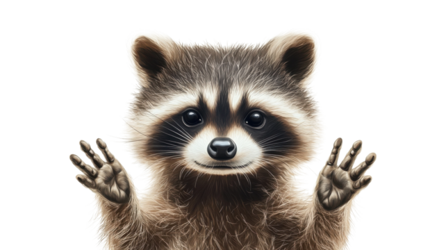 Cute raccoon with outstretched paws looking curiously towards the viewer in a bright setting
