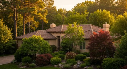 Luxurious Suburban Home at Sunset - A beautiful suburban house with a terracotta tile roof, surrounded by lush landscaping, bathed in the warm glow of sunset