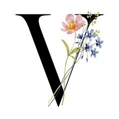 Floral monogram, letter V, alphabet with wild flowers, Initial perfectly for logo, wedding invitation, greeting card, poster and other design. Digital illustration hand drawing.