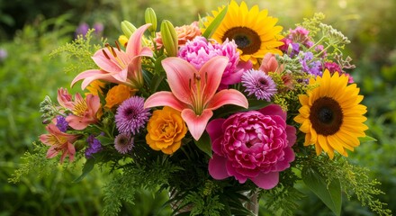 Nature's Embrace: A Summer Bouquet - Vibrant lilies, peonies, sunflowers and more create a stunning floral arrangement. Symbolizing love, joy, beauty, hope, and new beginnings