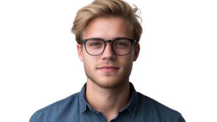 Young man with blond hair and glasses poses confidently against a plain background